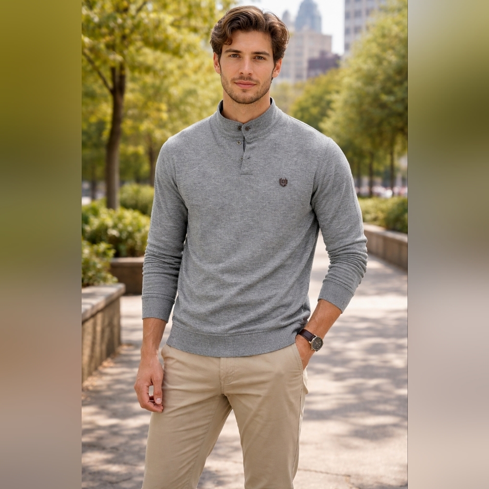 Chaps Men’s Sweater Medium Gray Pullover Buttons Fall Warm